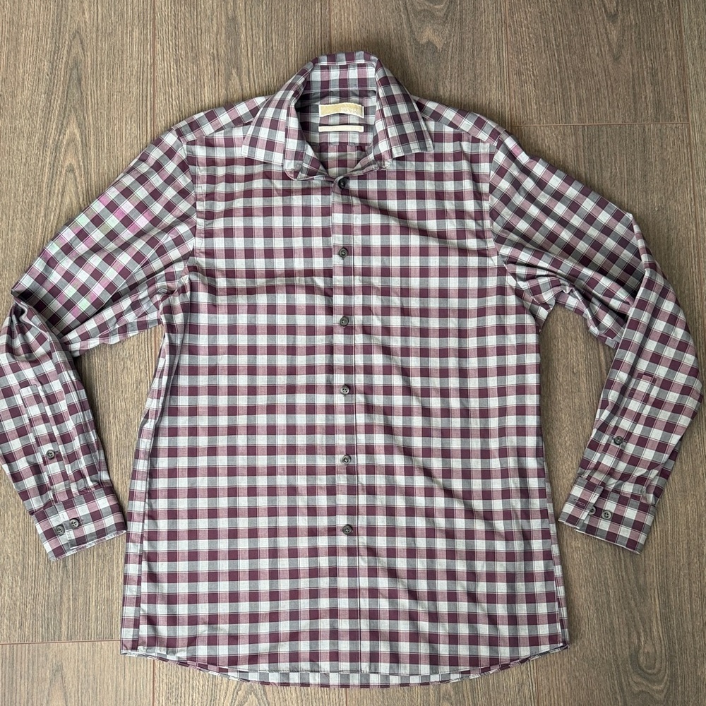 MICHAEL Michael Kors Men's Large Dress Shirt Plaid Maroon & Gray Button Down